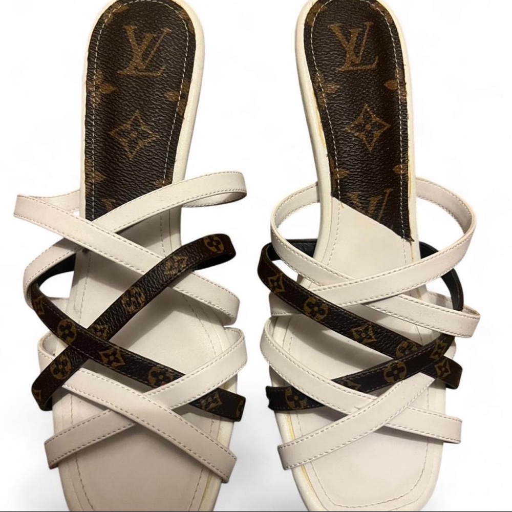 Louis Vuitton White and Brown Strappy Sandals